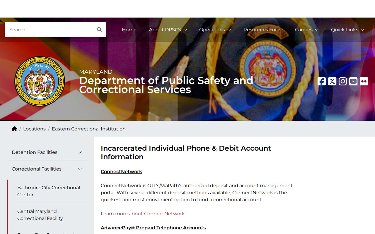 Eastern Correctional Institution offender release contact page